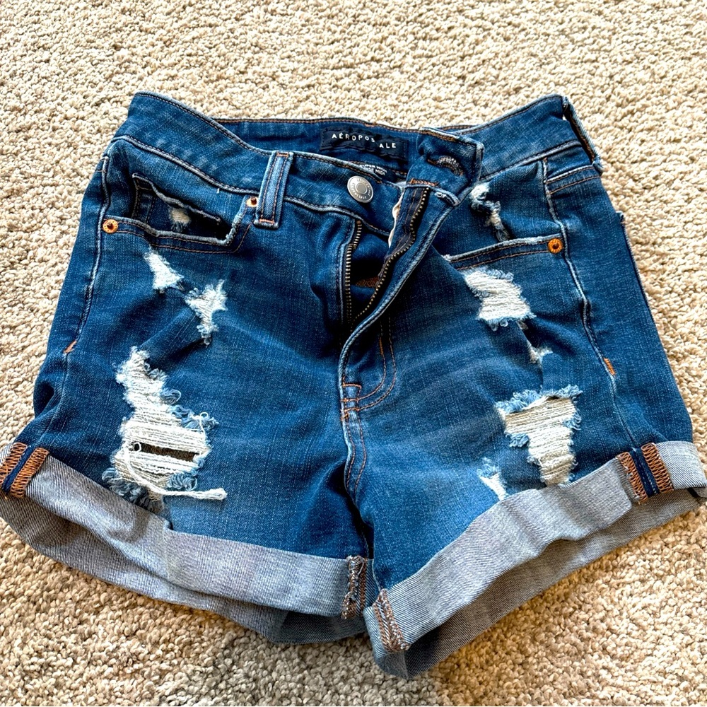 Aeropostale Women’s Super High Rise Midi Shorts Size 2 Distressed NEW Denim